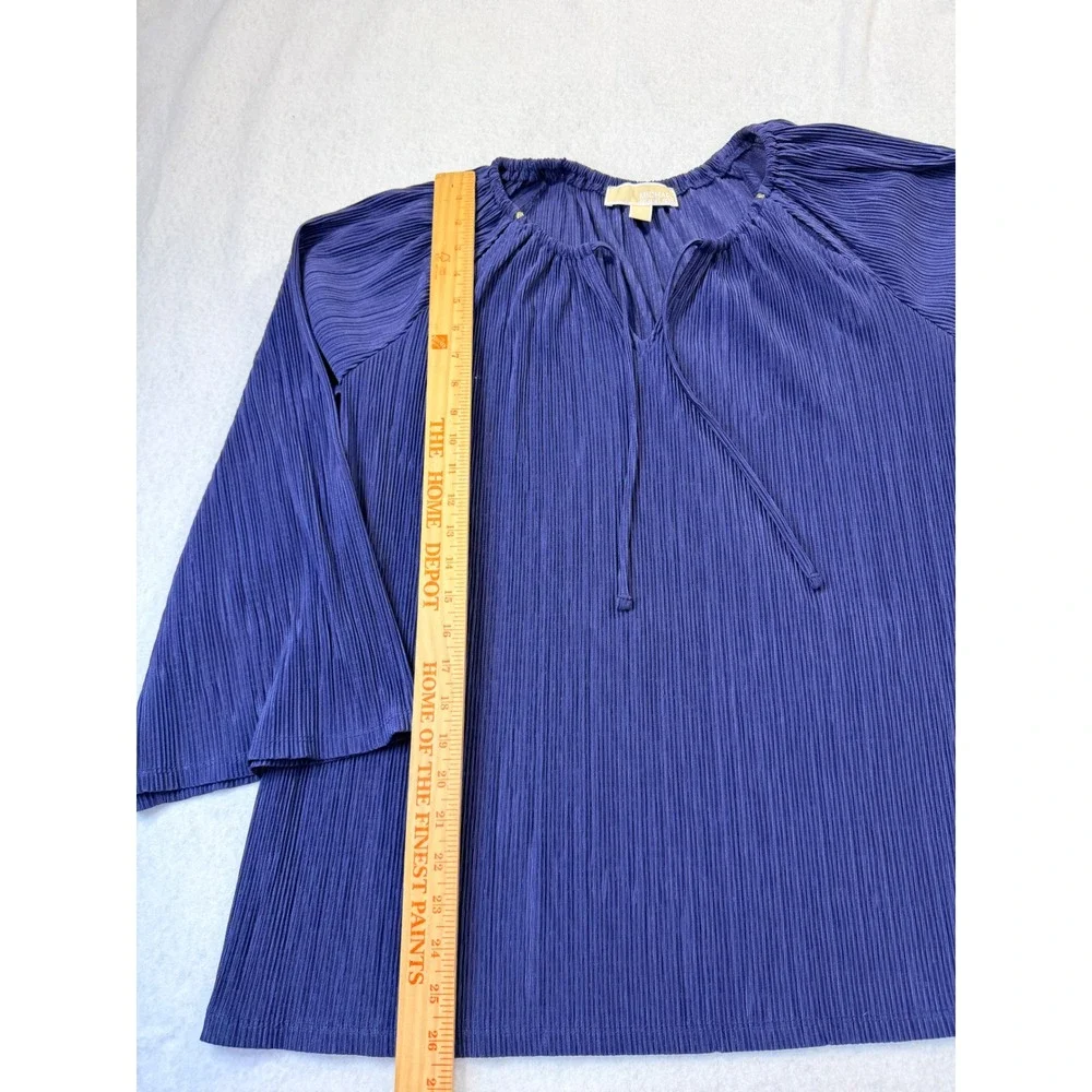 Michael Kors Navy Blue Pleated Bell Sleeve Tunic Blouse XL Keyhole Tie Top